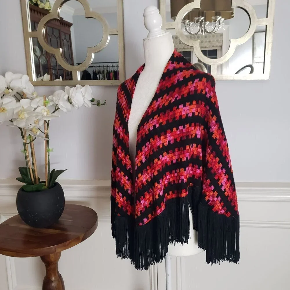 Vintage Handwoven Boho Scarf Cape Wrap Vibrant Geometric Pattern & Black Fringe